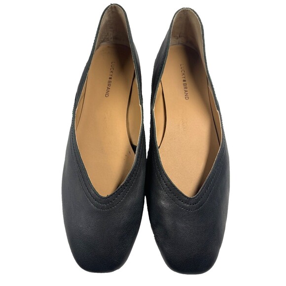 Lucky Brand Shoes Womens 10 Black Leather Alba Ballet Flat Slip On Square Toe - Picture 1 of 8